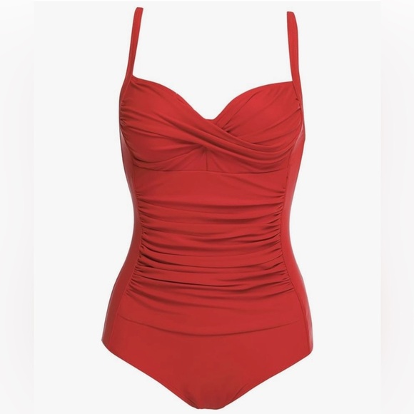 Ekouaer one pc ruched tummy control twist pin up retro swimsuit size XXL red hot - Picture 1 of 3